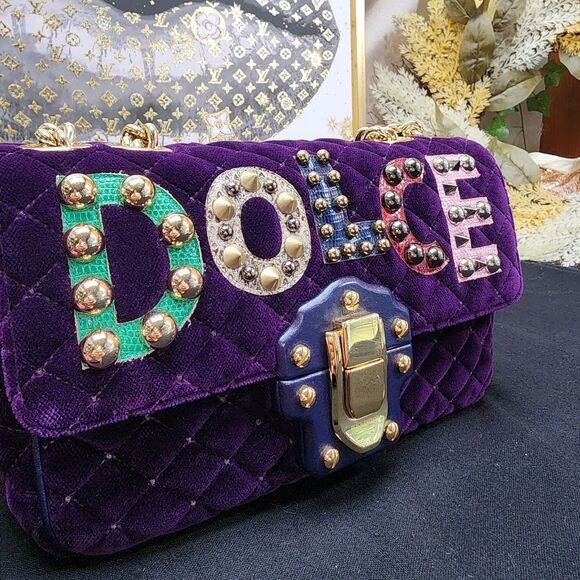 NWOT Dolce&Gabbana Lucia Studded Mixed-Media Velvet Shoulder Bag W/ Dust Bag - Picture 14 of 16